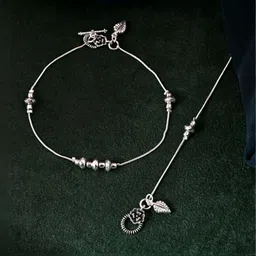 VOJ Stainless Steel Silver-Plated Artificial Beaded Anklets-image-2