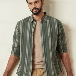 WROGN Men Comfort Slim Fit Spread Collar Vertical Striped Cotton Casual Shirt-image-99