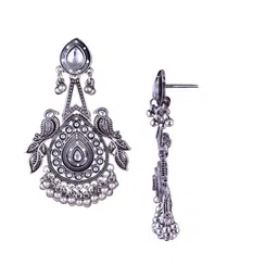 Sangria Silver-Plated Kundan-Studded Oxidised Drop Earrings image 5