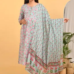 GOLDSTROMS Women Floral Printed Pure Cotton Anarkali Kurta with Trouser & Dupatta-picture-19