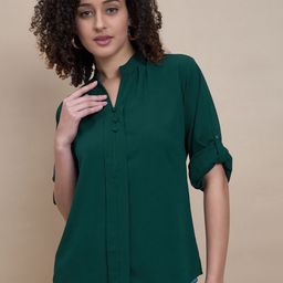 R.Code by The Roadster Life Co. Mandarin Collar Roll-Up Sleeves Crepe Shirt Style Top-picture-38