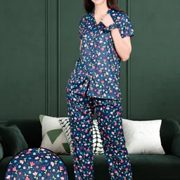 Clothus Women Blue & Pink Floral Printed Cotton Shirt & Pant Night Suit-picture-27