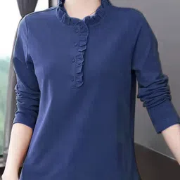 DressBerry Women Solid Henley Neck Applique T-shirt-image-77