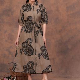 Sencei Women Paisley Printed Shirt Collar Cotton Gown Dress-picture-0