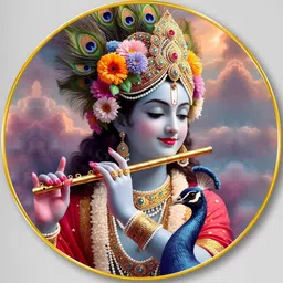 Livin'luxe Blue & Red MDF Shri Krishna With Peacock & Flute Round Wall Art 20" x 20" image 5