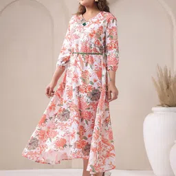 Span Ethnic Motifs Printed Bishop Sleeve Fit & Flare Midi Dress image 4