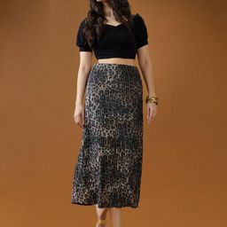 Globus Pleated Leopard Print Shimmer Detailing Mid-Rise A-Line Midi Skirt-picture-4