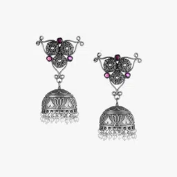 adwitiya collection Adwitiya Silver-Plated Artificial Stones Studded And Beaded Dome Shaped Jhumkas image 2