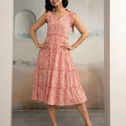 AASK Women Peach Printed Delta Crepe V-Neck Fit and Flare Calf Length Tiered Dress-image-93