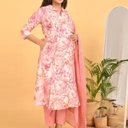 GOLDSTROMS Women Floral Printed Shirt Collar Maternity Kurta with Trousers & Dupatta image 3