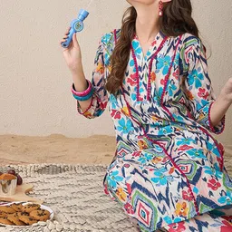 Indo Era Floral Printed V-Neck Tunic With Trouser image 5