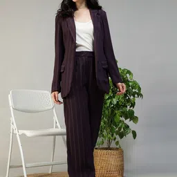 Oxolloxo Striped Notched Lapel Long Sleeves Open Front Blazer image 4