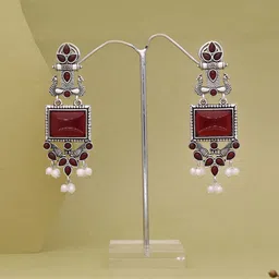 Anouk Silver Plated Artificial Stones studded & Pearls Beaded Oxidized Drop Earrings image 2