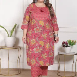 KALINI Plus Size Floral Printed Pure Cotton Straight Kurta & Trousers With Dupatta image 2