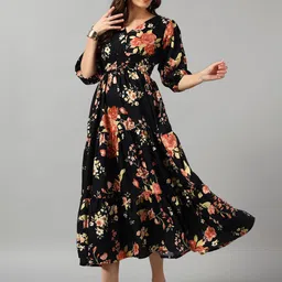 Raiyani Fashion Women Floral Printed Smocked Tiered Fit and Flare Midi Dress-image-81