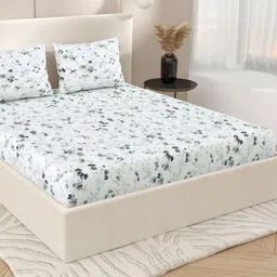 Jaipur Weaves White & Grey Floral Queen Pure Cotton Bedsheet With 2 Pillow Covers image 4