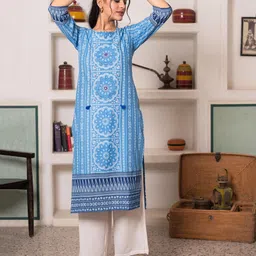 Chandbaali Ethnic Motifs Printed Round Neck Mirror Work Straight Kurta image 4