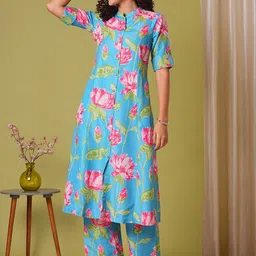 DIVASTRI Floral Printed Mandarin Collar Kurta With Palazzos-picture-38