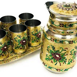 Navrang Serving Meenakari Steel Glass Tray Set With Jug Jug Glass Tray Set image 2