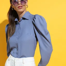 Party Cuffed Sleeves Solid Women Blue Top-image-7