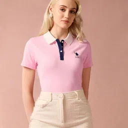 u.s. polo assn. Women Solid Polo Neck Cotton Blend Pink T-Shirt-picture-12