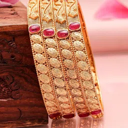 Rubans Set of 4 22K Gold-Plated Ruby Pink Stone Studded Filigree Traditional Bangles-picture-53