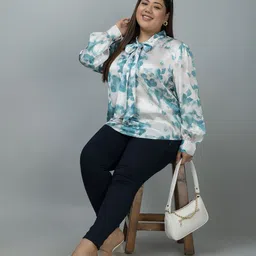 PURYS PLUS Printed Tie-Up Neck Satin Shirt Style Plus Size Top image 3