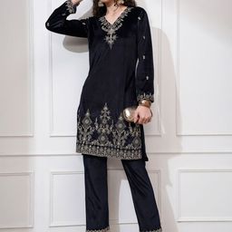 Vishudh Women Embroidered Velvet Short Kurta with Slim Palazzo and Dupatta-picture-10