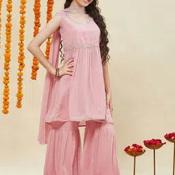 CurlyTales Girls Embroidered Pleated Sequinned Kurta With Sharara & Dupatta image 2