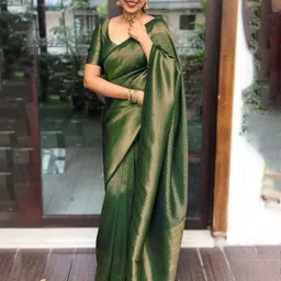 LEAFFEB Woven Design Zari Pure Silk Banarasi Saree With Unstitched Blouse Piece image 2