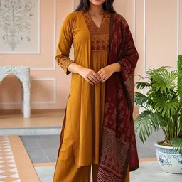 SZN Women Ethnic Motifs Embroidered Pleated Thread Work Kurta with Palazzos & Dupatta image 2