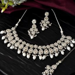 VOJ Silver-Plated Cubic Zirconia-Studded & Pearl-Studded Jewellery Set-picture-0