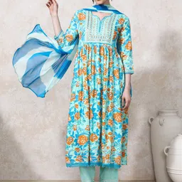 Moara Women Floral Embroidered Mirror Work Pure Cotton Kurta with Trousers & Dupatta-image-42