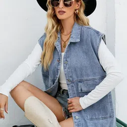 Oh Rare Spread Collar Sleeveless Longline Pockets Denim Jacket image 5