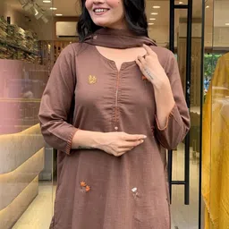 HERE&NOW Women Ethnic Motifs Embroidered Regular Thread Work Pure Cotton Kurta with Trousers & With Dupatta image 5