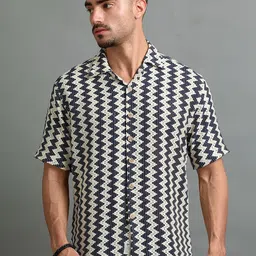 The Roadster Lifestyle Co ZigZag Printed Pure Cotton Cuban Collar Crochet Shirt-image-19