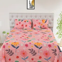 MORADO Blue & Yellow Printed Cotton Double Bedsheet With 2 Pillow Cover & 2 Cushion Filler image 1