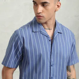 HIGHLANDER Men Cuban Collar Vertical Striped Cotton Relaxed Fit Casual Shirt image 1