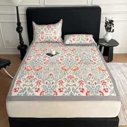 JC HOME Blue & Red Floral 160 TC King Bedsheet with 2 Pillow Covers-picture-41