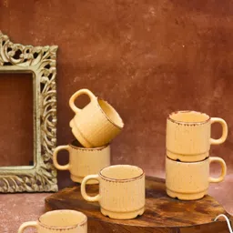 WEAVING HOMES Set of 6 Cream-Coloured & Gold-Toned Printed Ceramic Glossy Cups and Mugs image 4
