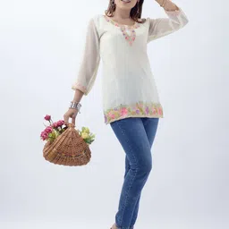 TROMBOO Floral Embroidered Thread Work Pure Georgette Thread Work Kurti image 4