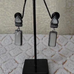 Shine Sales Silver-Plated Artificial Stones Studded Oxidised Geometric Drop Earrings image 2