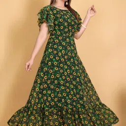 KRIVANSH STORE Floral Print Flutter Sleeve Ruffled Georgette A-Line Maxi Dress-picture-13