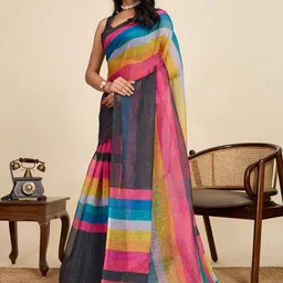 KALINI Striped Zari Linen Blend Handloom Saree image 2