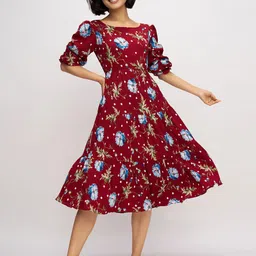 DressBerry sumemr floral Women Floral Printed Tiered Crepe Fit & Flare Midi Dress-picture-36