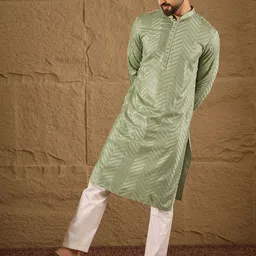 House of Pataudi Chevron Embroidered Mandarin Collar Straight Kurta & Trousers image 5