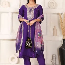 all about you Women Ethnic Motifs Embroidered Kurta with Trousers & Dupatta image 2