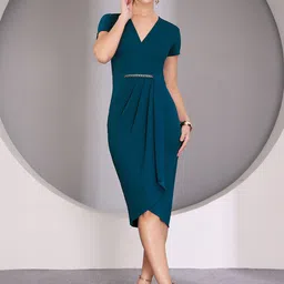 Miss Chase Georgette Solid Tulip Hem Slits Detail Sheath Midi Dress-image-3