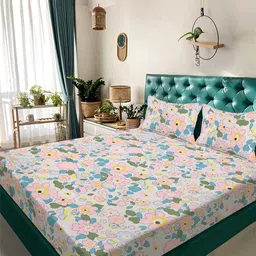 KLOTTHE Pink & Blue Floral Printed 300 TC Double King Bedsheet Set-2.5 m x 2.25 m-image-10