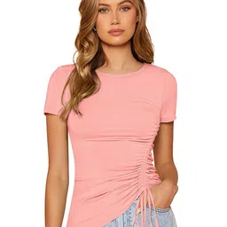 SHOPONBIT Women Solid Lace-Up Round Neck Fitted Top-picture-12